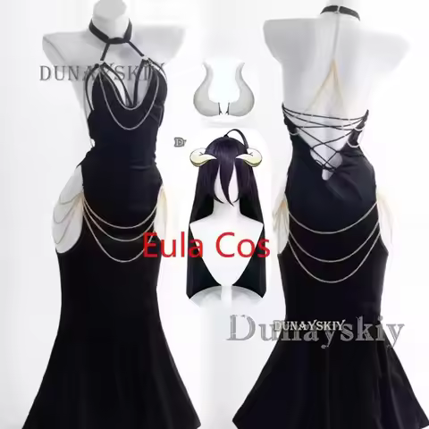Anime Overlord Albedo Cosplay Costumes Glove Dress Wrapped Hip Open Crotch Fish Tail Skirt Black Mer