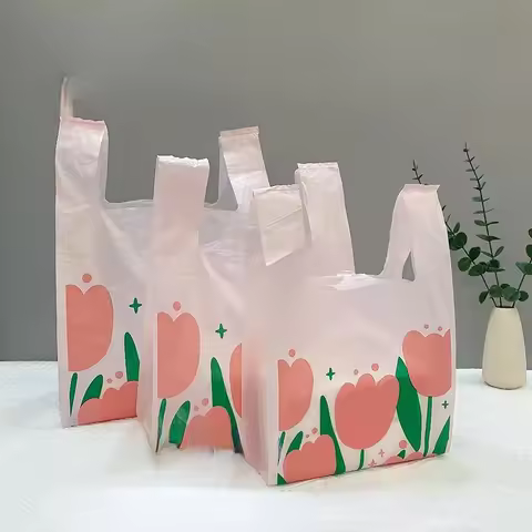 50Pcs Pink Tulip Clear Shopping Packaging Bag Plastic Cute Flower Gift Bags For Jewelry Candy Store 