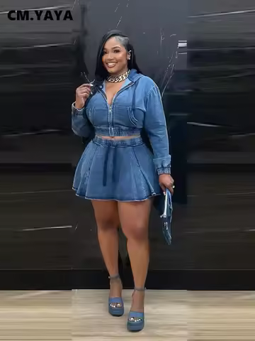 CM.YAYA Denim Women Set Street Long Sleeve Hooded Jacket and A-line Ball Gown Skirt Suits Two 2 Piec