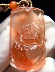 極品天然紅兔毛紅水晶貔貅吊墜 雕工精美 配手工編織吊繩