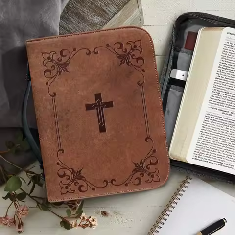 Classic Leather Print Bible Bag for Women Zipper Handle Handbags Hymns Custom Cover Case Carrying St