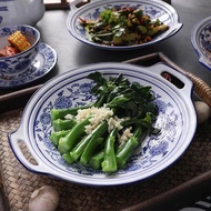 中式青花瓷雙耳陶瓷復古菜盤家用魚盤圓形深盤湯盤蘭州盤子釉下彩