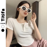 Short-Sleeve Crochet T-Shirt in Ribbed Fabric HL087 - Titifa Shop