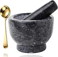 Granite Pestle And Mortar Bowl Set With Spoon Heavy Duty Granite Guacamole Molcajete Bowl Shell Garlic Pepper Press Spice Grinder Crusher Mix | Herb Bowl| Pesto Powder|, Large Holds 2 Cups, Black