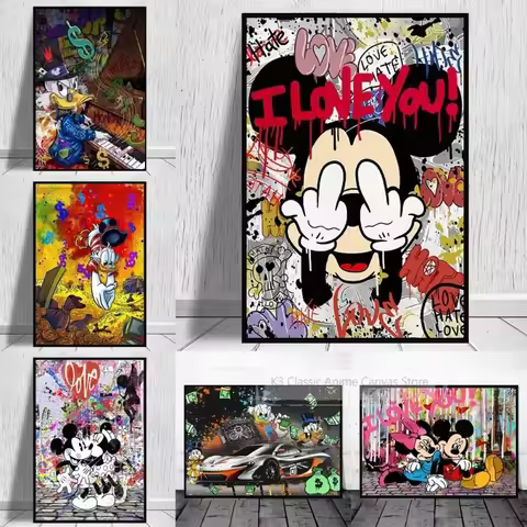 Disney Luxury Art Mickey Mouse and Donald Duck Fashion Graffiti Wall Art Poster Painting on Canvas P