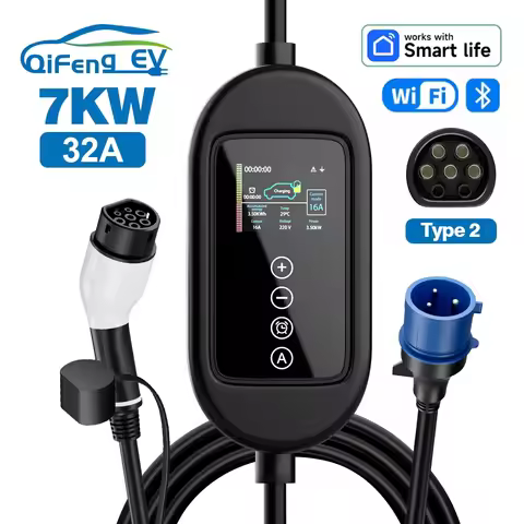 QiFeng 32A 7KW Portable EV Charger Type2 2.4 inch Electric Vehicle Charger 5M/10M EVSE Charging Cabl