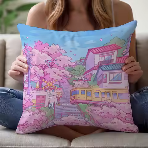 Tokyo Cherry Blossom Train Pillow Cover 16x16 18x18 20x20 Inch Polyester Zipper Machine Washable Ani