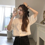 Summer 2024 Korean Version Loose Chain Link Hollow Age-Reducing V-Neck Short Half-Sleeved Lace Shirt Top Female St