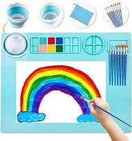 DIYDEC Silicone Craft Mat 20X16 Inch Large Silicone Art mat with Detachable Cup Painting Mat with 10 Painting Brushes Silicone Drawing Mat Sheets for Kids Adult DIY Gift Accessories (Blue)