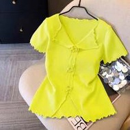 3D Floral V-Neck Short Sleeve Frill Trim Form-Fitting Knit Top For Women