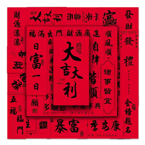 54Pcs Red Chinese Character Series Cartoon Cute Waterproof Sticker Skateboarding Snowboard Retro Vin