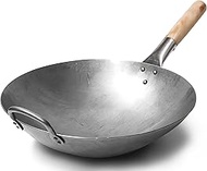 Craft Wok Traditional Hand Hammered Carbon Steel Pow Wok with Wooden and Steel Helper Handle (14 Inc