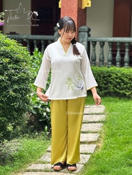 Pháp phục lễ chùa nữ đồ lam nữ đẹp quần áo đi chùa chất lụa thêu hạc dành cho phật tử Thiên Di D05 H