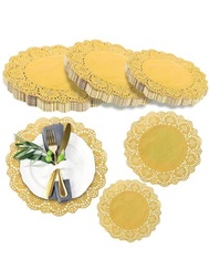 100/50入組金色紙質圓形蕾絲桌布紙墊,裝飾和包裝用一次性甜點、油炸食品、婚禮派對餐具裝飾、蛋糕吸水紙、餐廳蛋糕包裝