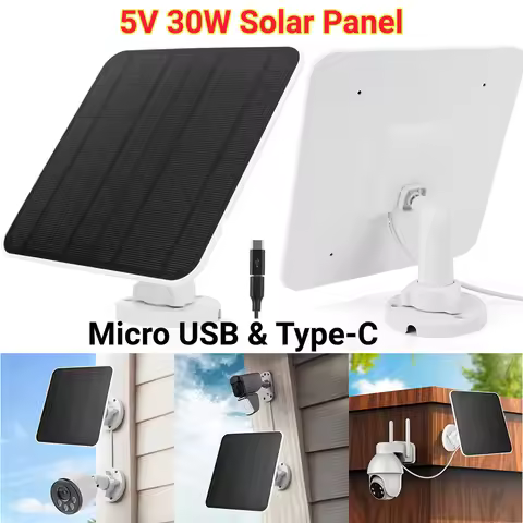 5V 30W Solar Panel Micro USB & Type C Port 9.8 Ft Charging Cable 360°Adjustable Mounting for Securit