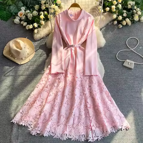 Women French Lace Patchwork Maxi Dress Stand Collar Long Sleeve A Line Swing Long Autumn Dresses