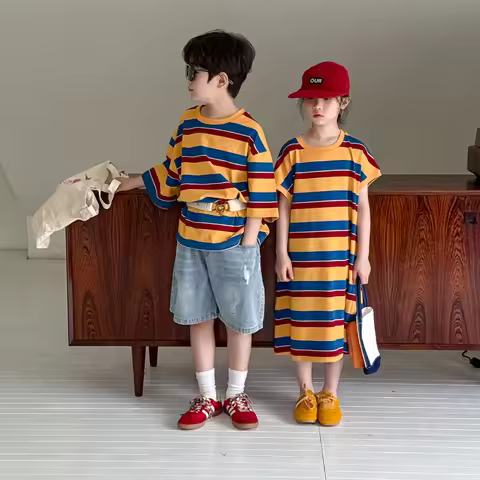 RAISE Summer Children Siblings Attire Muslin Contrast Striped Short Sleeves Suit Round Collar Casual