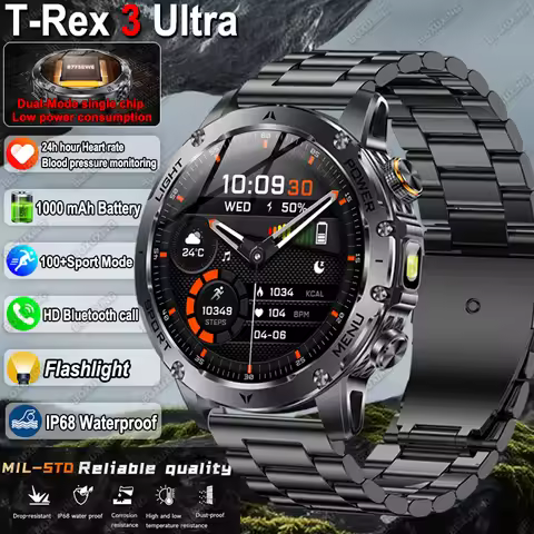 New Military T-Rex 3 Ultra 1000mAh Battery Smart Watch IP68 Waterproof Fitness Track Flashlight Hear