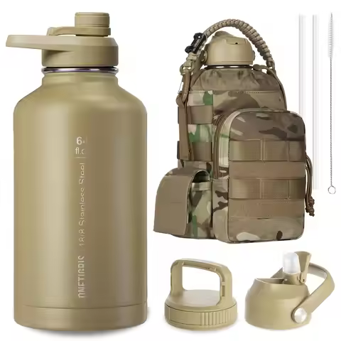 ONETIGRIS 64oz Tactical Insulated Water Bottle with 3 Lids & MOLLE Pouch | Double-Walled Vacuum Cold