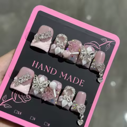 New Short Duck Bill Press on Nails 3D Butterfly Flower False Nails Pink French Tip Nail Art Pearl He