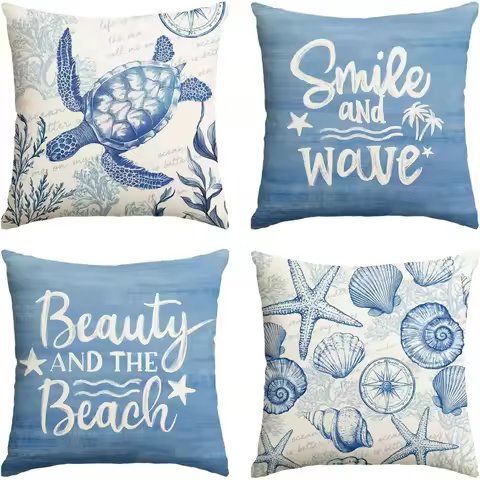 4pcs Summer Ocean Turtle Smile Wave Pillowcase, Exquisite Beach Coral And Starfish Holiday Decorativ
