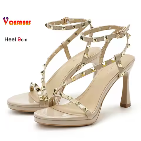Summer Bare Color Rivets Women Sandals Round Toe Thin Heels 9cm Ankle Buckle Strap Straight Narrow B