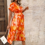 V Neck Criss-Cross Solid Color Waist Belt Short Sleeve Midi Women Dress Island Vacation Outfits Hone