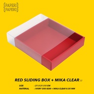 Red Sliding Box with Clear Lid Clear/ (21 x 21 x 5 cm) - Clear Mica Sliding Drawer Box - Outer Size 