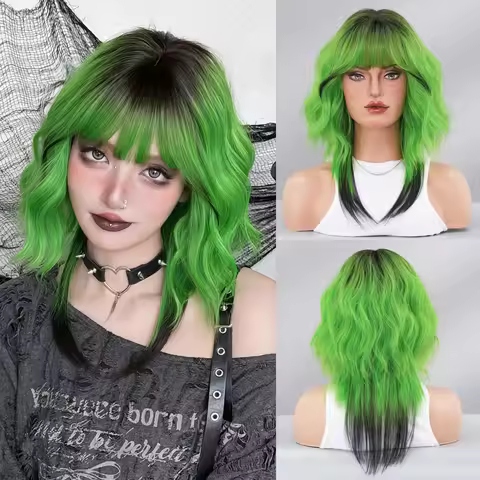 7JHH WIGS Shoulder Length Water Wave Green Wig for Women Synthetic Modest Fashion Wear and Ombre Bla