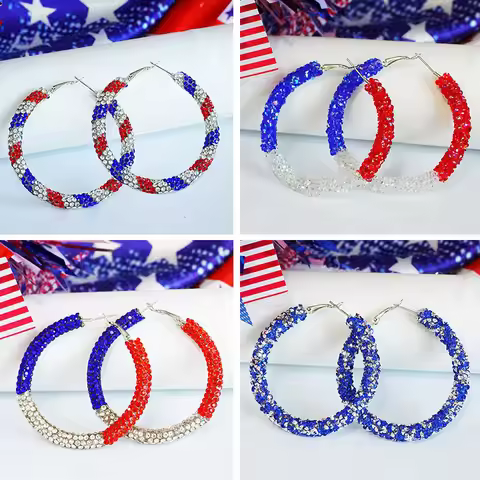 New Independence Day Earrings with Sparkling Diamonds American Flag Colors Patriotic Colors Blocked 