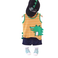 SG Seller - [S013] Boys Sleeveless Crocodile Outfits 2Pcs Sets Children Kids Cotton T-shirt Tops + Shorts Summer Casual Clothes