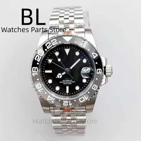 BLIGER 40mm GMT Watch For Men With Black Gray Ceramic Bezel Sapphire Glass Green Gmt Hands Green GMT