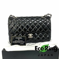 △ Chanel 香奈兒 CF25 Black Patent Leather Silver Tone Metal Double Flap Chain Shoulder Bag No.13 A01112
