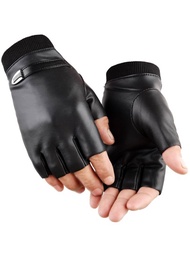 1對黑色pu皮革防水實心指套手套按扣袖口設計女士觸控手套戶外滑雪露營徒步摩托車自行車手套