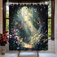 Fantasy Garden Path Shower Curtain Enchanted Misty Forest Spring Tree Butterfly Floral Fairy Nature 