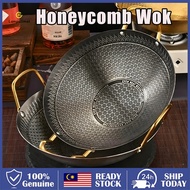 28cm Stainless Steel Honeycomb Wok With Golden Handle Kuali Sarang Lebah Keluli Tahan Karat Non Stic