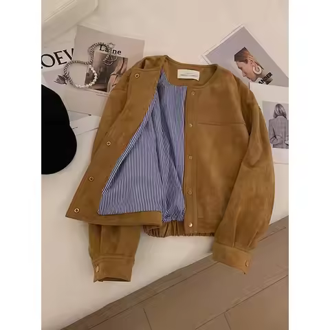 2025 Ropa Mujer O-neck Vintage Outwear Y2k Tops Causal Loose Fashion Korean Coats Chic Deer Skin Vel