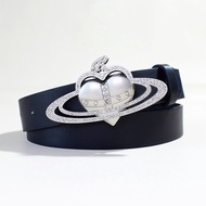 New Style Dark Street West Queen Silver Saturn Belt All-Match Black PU Leather Wide Belt Unisex Pant