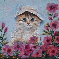 Cat original oil painting, kiten in hat wall art, mini impasto handmade gift