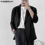 [Perfectly] สไตล์เกาหลี INCERUN Mens เสื้อเบลเซอร์แขนยาวกระดุมแถวเดียว Fit เสื้อทำงาน Coats