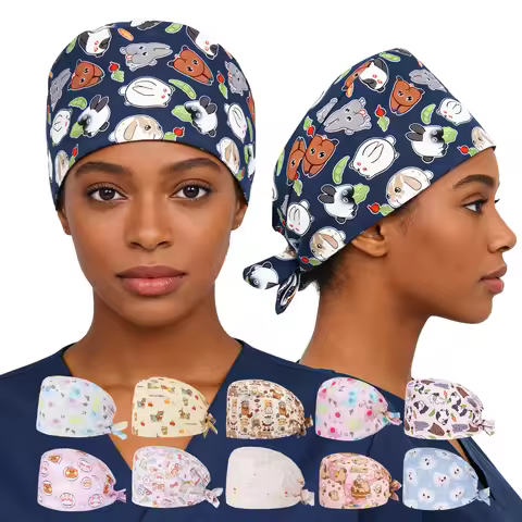100% Cotton Cartoon Printed Dental Doctor Scrub Caps Nurse Medical Hats Hospital Clinic Nursing Hats