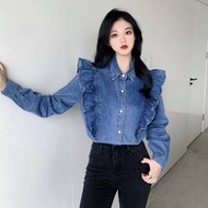 เสื้อแขนยาวสำหรับผู้หญิงเสื้อเบลาส์สีทึบเสื้อเชิ้ตยีนส์ผู้หญิงใหม่ฤดูใบไม้ผลิ2023สำหรับผู้หญิงขนาดให
