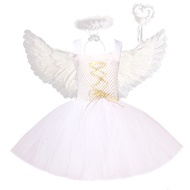 ชุดคริสต์มาสสำหรับเด็กผู้หญิง Angel Wings Princess Tutu Dress สีขาวของขวัญการ์ตูนน่ารักสวยแขนกุด Sli
