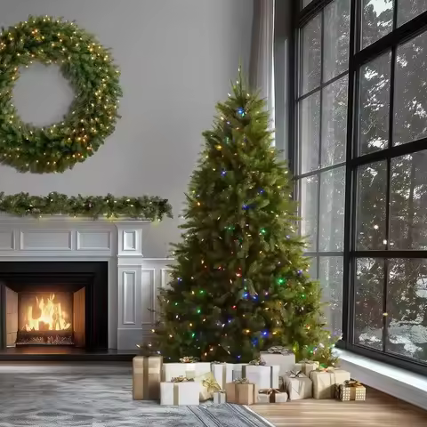 9 ft PreLit Dunhill Fir Artificial Christmas Tree, 900 LED Lights, 4,026 Tips, Foot Pedal, 10 Light 