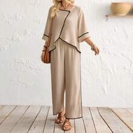 French Style Casual Resort Two-Piece Set With Black Trim, Summer Three-Quarter Sleeve Two-Piece Set,