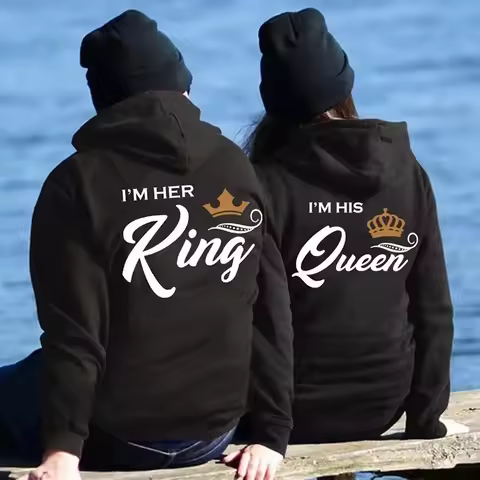 Printing Her King or His Queen Lover Hoodies Harajuku Fashion Casual Womens Men Clothing Lovers Swea
