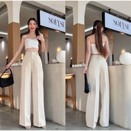 Crush Fashion กางเกงผู้หญิงขาตรงสไตล์เกาหลี กางเกงลำลองผู้หญิง ดีไซน์เอวสูง ผ้าพลิ้วไหว