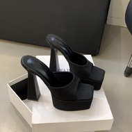 Dép Cao Gót Thời Trang Cho Nữ Mùa Hè 2025 Dép Cao Gót Đế Xuồng Bằng Vải Denim Đầu Vuông Cho Người Tr