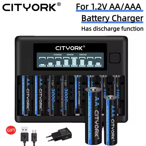 CITYORK 1.2V AA and AAA Rechargeable NIMH battery+ 8 Slots LCD USB Battery Charger For 1.2V AA AAA N