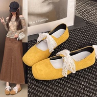 D0603 Retro French Yellow Flat Pumps Women Spring Summer Matching Skirt All-Match Soft Sole Mary Jan